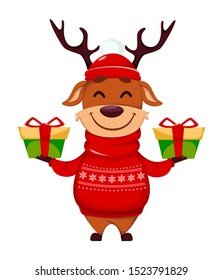 Merry Christmas. Funny reindeer holding two gift boxes. Cute cartoon character. Vector illustration on white background