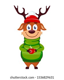 Merry Christmas. Funny reindeer holding a cup of hot tea. Cute cartoon character. Vector illustration on white background