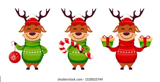 Merry Christmas. Funny reindeer, set of three poses. Cute cartoon character. Vector illustration on white background