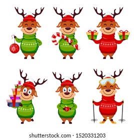 Merry Christmas. Funny reindeer, set of six poses. Cute cartoon character. Vector illustration