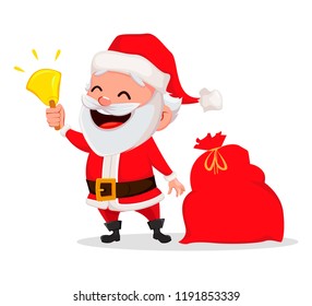 Merry Christmas. Funny Santa Claus. Cheerful cartoon character holding hand bell. Usable for greeting card, banner, poster, flyer, label or tag. Vector illustration. 