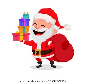 Merry Christmas. Funny Santa Claus. Cheerful cartoon character holding four gift boxes. Usable for greeting card, banner, poster, flyer, label or tag. Vector illustration. 