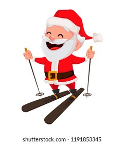 Merry Christmas. Funny Santa Claus. Cheerful cartoon character skiing. Usable for greeting card, banner, poster, flyer, label or tag. Vector illustration. 