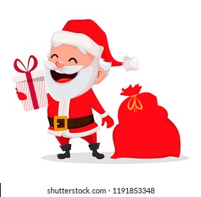 Merry Christmas. Funny Santa Claus. Cheerful cartoon character holding gift box. Usable for greeting card, banner, poster, flyer, label or tag. Vector illustration. 