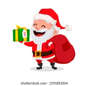 Merry Christmas. Funny Santa Claus. Cheerful cartoon character holding gift box and bag with presents. Usable for greeting card, banner, poster, flyer, label or tag. Vector illustration. 