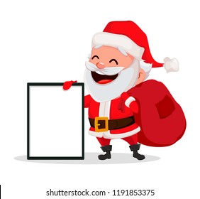Merry Christmas. Funny Santa Claus. Cheerful cartoon character holding blank frame. Usable for greeting card, banner, poster, flyer, label or tag. Vector illustration. 