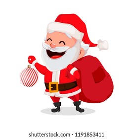 Merry Christmas. Funny Santa Claus. Cheerful cartoon character holding Christmas tree ball. Usable for greeting card, banner, poster, flyer, label or tag. Vector illustration. 
