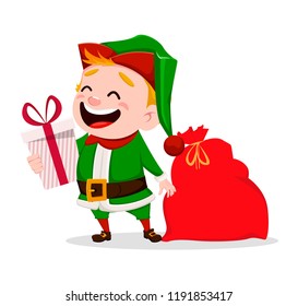 Merry Christmas. Funny Santa Claus helper. Cheerful cute elf. Cartoon character holding gift box and bag. Usable for greeting card, banner, poster, flyer, label or tag. Vector illustration.
