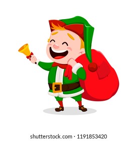 Merry Christmas. Funny Santa Claus helper. Cheerful cute elf. Cartoon character holding hand bell. Usable for greeting card, banner, poster, flyer, label or tag. Vector illustration.