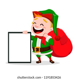 Merry Christmas. Funny Santa Claus helper. Cheerful cute elf. Cartoon character holding blank frame and bag. Usable for greeting card, banner, poster, flyer, label or tag. Vector illustration.