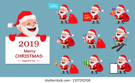 Merry Christmas. Funny Santa Claus, set of ten poses. Cheerful cartoon character. Usable for greeting card, banner, poster, flyer, label or tag. Vector illustration.