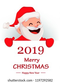Merry Christmas. Funny Santa Claus. Cheerful cartoon character holding big placard with greetings. Usable for greeting card, banner, poster, flyer, label or tag. Vector illustration. 