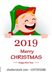 Merry Christmas. Funny Santa Claus helper. Cheerful cute elf. Cartoon character holding placard with greetings. Usable for greeting card, banner, poster, flyer, label or tag. Vector illustration.