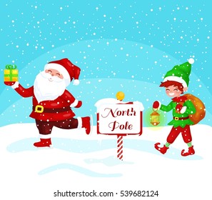 Merry Christmas. Funny Santa Claus with gift on skates. elf  with bag full of gifts
 in a beautiful winter landscape. Christmas card vector illustration
