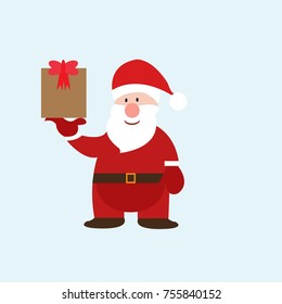 Merry Christmas. Funny Santa Claus with gift. Christmas card vector illustration