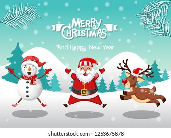 Merry Christmas. Funny Snowman, Reindeer, santa claus in Christmas snow scene winter landscape. decorative element on holiday. Vector illustration.