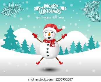Merry Christmas. Funny Snowman in Christmas snow scene winter landscape. decorative element on holiday. Vector illustration.