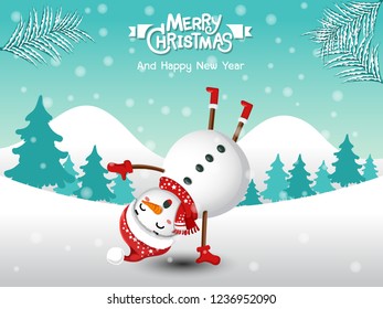 Merry Christmas. Funny Snowman in Christmas snow scene winter landscape. decorative element on holiday. Vector illustration.
