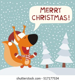 Merry Christmas! Funny squirrel in red hat on background snowflakes in cartoon style. Greeting card.