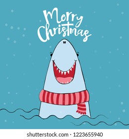 Merry Christmas -  funny vector quotes and shark drawing. Hand drawn lettering for Xmas greetings cards. Lettering poster or t-shirt textile graphic design. / Cute shark character illustration.