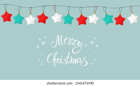 Merry Christmas garland background. Colorful christmas balls on blue backdrop. Greeting card invitation party template. Star shape ball red, white,green. Xmas decoration element, traditional colors.