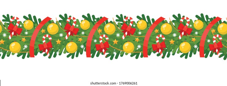 Merry Christmas Garland Border Or Frame In Cartoon Style Isolated On White Background. Flat Christmas Decor With Candy Canes, Red Bows, Ribbons,Christmas Balls And Tree Branches. Vector Illustration