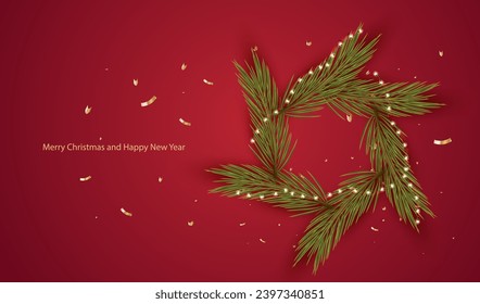 Merry Christmas garland decoration on red vector background with evegreen branch, lamps and confetti. Holiday element for web, banners, greeting card, template design.