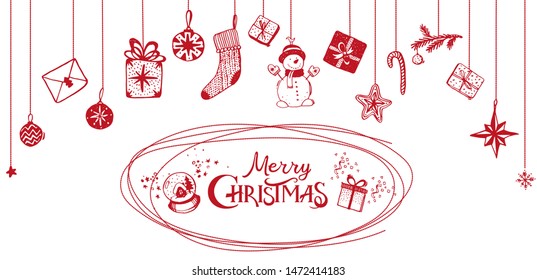 Merry Christmas, garland, festive elements border. Gifts, sock, snowman, stars, pine branch, balls. Christmas decoration for a card or banner, doodle stock vector