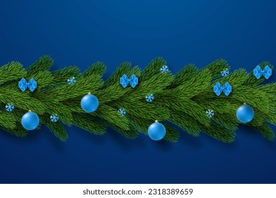Merry Christmas garland, isolated blue background. 3D green branch, holiday frame. Hanging decor. Invitation ornament. Pine tree, bow tie, bauble, confetti snowflakes decoration. Vector illustration
