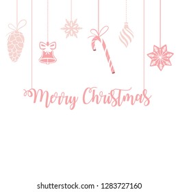 Merry Christmas garland of: cone, Christmas-tree toys, candy, gingerbread, snowflakes, bell. Christmas banner with pink elements on a white background. Christmas hand drawn decorations for xmas design