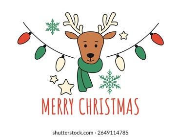 Merry Christmas, Christmas Garland, Snowflakes, Stars and Christmas deer. New Year's mood. Christmas greeting card. Funny holiday banner. Vector illustration isolated