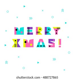 Merry Christmas Geometric background in retro 80s-90s style. Memphis trendy art. Abstract poster, surface, card design