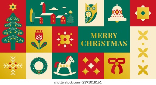 Frohe Weihnachten geometrische Banner Vorlage. Abstraktes Weihnachtsmosaik-Poster mit Winterdekoration. Feierliche Einladung, minimalistische Dezember-Event-Grußkarte. Skandinavischer Stil. Vektorgrafik