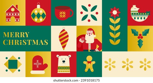 Frohe Weihnachten geometrische Banner Vorlage. Abstraktes Weihnachtsmosaik-Poster mit Winterdekoration. Feierliche Einladung, minimalistische Dezember-Event-Grußkarte. Skandinavischer Stil. Vektorgrafik