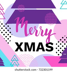 Merry christmas geometric greeting card in trendy 90s style with triangles, lines, lettering, snowflakes, party background or invitation template, banner, cover, vector illustration