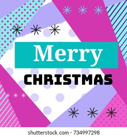 Merry christmas geometric greeting card in trendy 90s style with triangles, lines, text, snowflakes, party background or invitation template, banner, cover, vector illustration