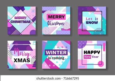 Merry christmas geometric greeting cards set in trendy 90s style with triangles, lines, lettering, frames, party background or invitation template, banner, cover, vector illustration