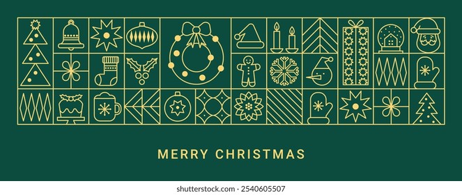 Navidades alegres Anuncio minimalista geométrico en estilo línea. Fondo de Navidad de lujo. Patrón de Navidades modernas con iconos de línea de oro. Perfecto para la tarjeta, invitación, cartel, cubierta.