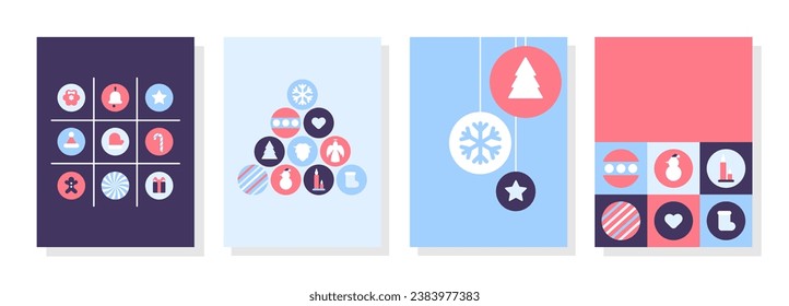 Merry Christmas geometric mosaic card set. Christmas posters set with squares. Greeting cards, minimal noel corporate design templates, invitation or flat icons background. Vector illustration