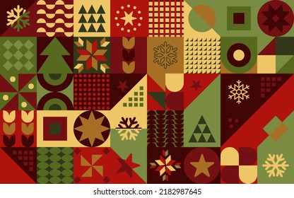 Merry Christmas geometric mosaic template with gold, red and green colors. Stars, snow flakes and christmas tree simple shapes.