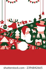 Merry Christmas geometric pop art no text poster in red green colors with tree toys, firecrackers, Santa Claus, snowman and free inscription. Template for printing, announcement, inviting . Vector