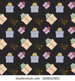 Merry Christmas geometric seamless pattern. Primitive minimalistic bright gift boxes,