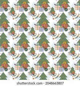 Merry Christmas geometric seamless pattern. Primitive minimalistic bright green Christmas tree, pink gift boxes, yellow garland of flags, Christmas tree toy, snowflakes,