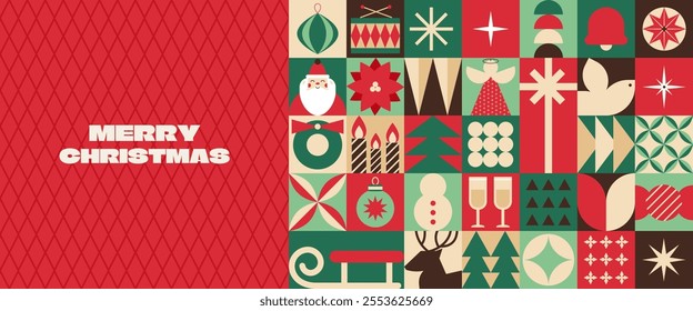 Merry Christmas geometric style banner with holiday icons design. Santa, reindeer, gift, ornaments, wreath, bel, toy. Vibrant colors background with text. Vector