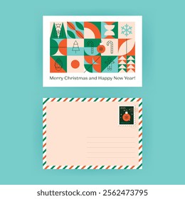 Merry Christmas Geometrical Postal Greeting Card. Vector Illustration of Outline and Flat Style. Winter Holiday. Happy New Year. Postage Stamp.