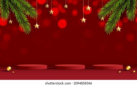 Merry Christmas is geometry podium shape for show cosmetic product display. stage pedestal or platform. winter christmas red background with tree xmas for promotion product. vector design.