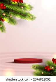 Feliz Navidad es la forma de podio geométrico para mostrar el producto cosmético. pedestal o plataforma. fondo rojo de navidad de invierno con navidad de árbol para producto de promoción. diseño vectorial.