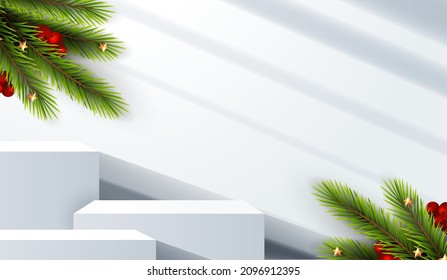 Merry Christmas is geometry podium shape for show cosmetic product display. stage pedestal or platform. winter christmas gray background with tree xmas for promotion product. vector design.