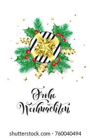 Merry Christmas German Frohe Weihnachten holiday hand drawn quote calligraphy greeting card background template. Vector Christmas tree holly wreath decoration, golden ribbon confetti on white design