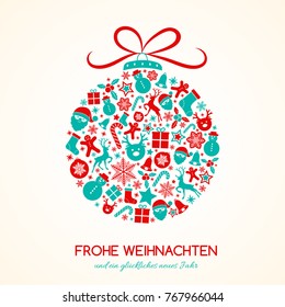 Merry Christmas in German (Frohe Weihnachten) - concept of card with decoration. Vector.